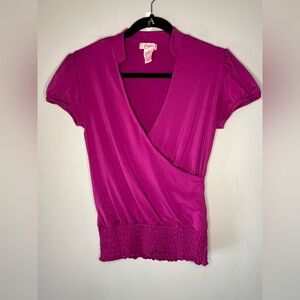 Candie’s Y2K Pink Surplice Wrap Top Puff Sleeve Smocked Waist Stretch Size Med